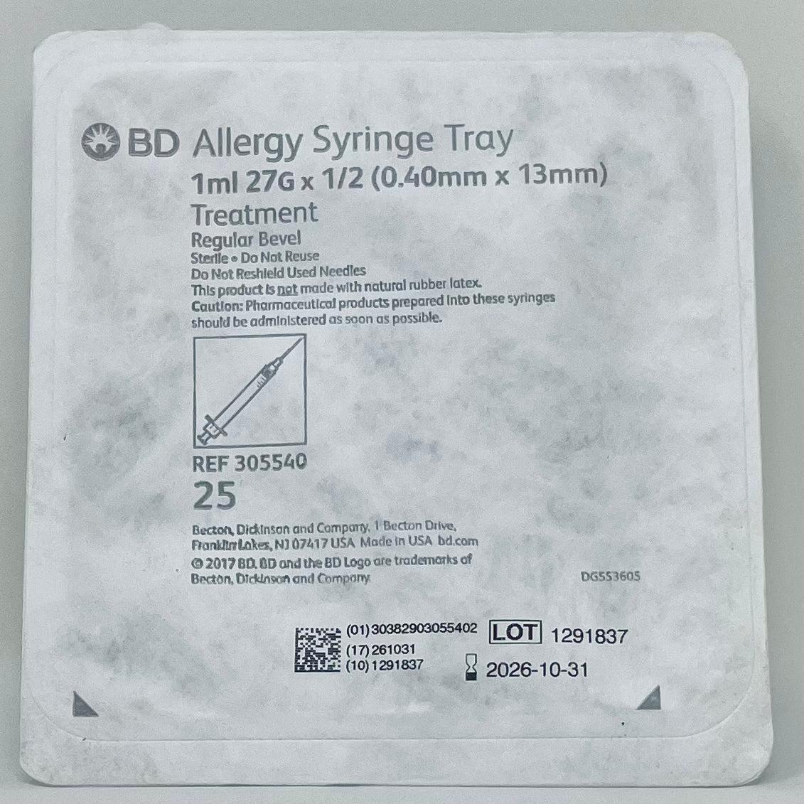 BD Allergist Tray 1 mL Syringe & Needle | Pre-Assembled, Sterile, Latex-Free-Medical Supplies-Birth Supplies Canada